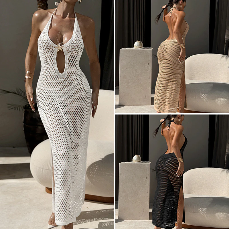 Damen Häkel-Strandkleid mit schickem Lochmuster und tiefem V-Ausschnitt R&B