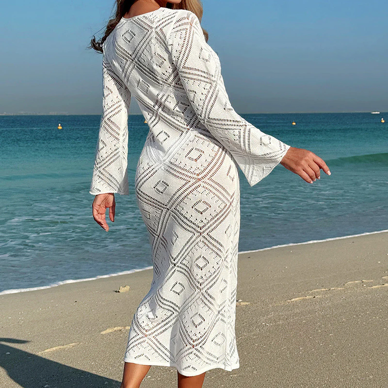 Damen Häkel-Strandkleid mit weit ausgestellten Ärmeln und geometrischem Muster R&B - Image 5