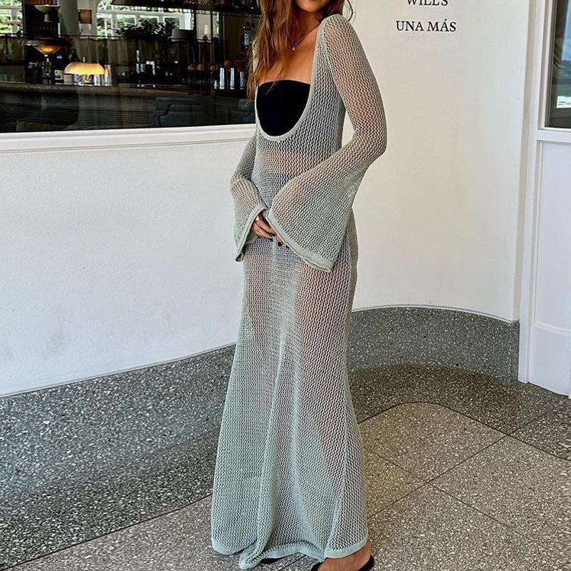 Damen Häkel-Strandmaxikleid mit weitem Schnitt und eleganten Glockenärmeln R&B - Image 3