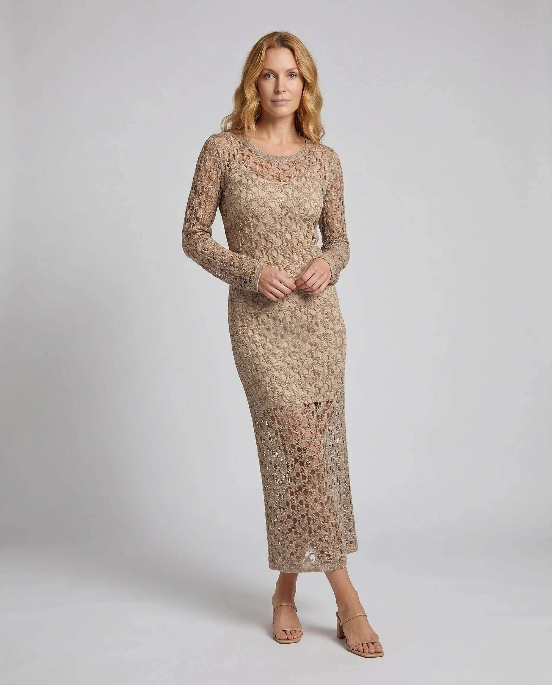 Damen Häkelkleid mit schickem langen Ärmel und eleganten Ausschnitten R&B