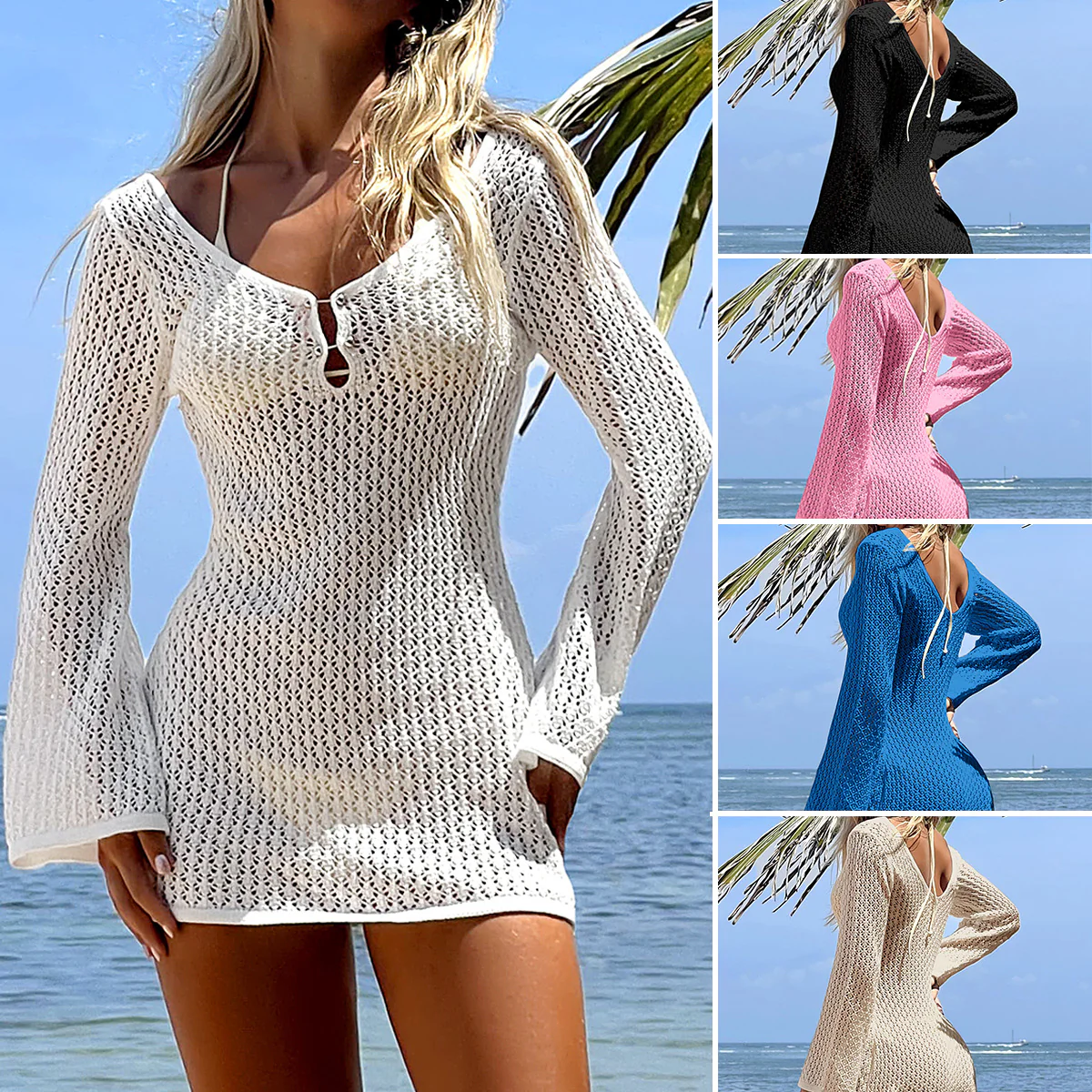 Damen Häkelkleid mit weit ausgestellten Ärmeln und tiefem V-Ausschnitt R&B - Image 2