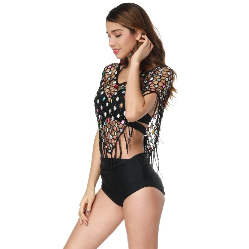 Damen Häkel-Bikiniüberwurf mit bunten Pailletten und Fransen R&B - Image 3