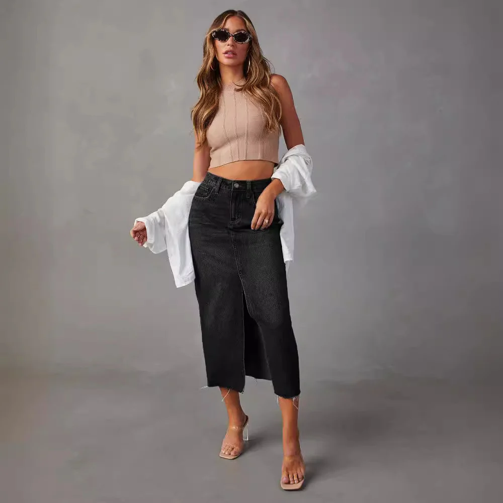 Damen Hoch geschnittene Denim-Midirock mit seitlichem Schlitz und fransigen Säumen R&B - Image 2