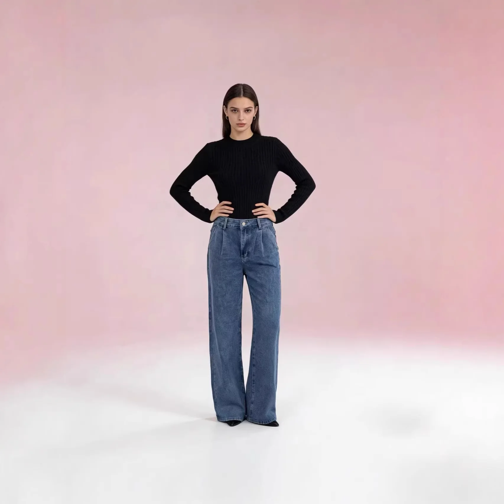 Damen hochgeschnittene weite Jeans im lässigen Stil mit eleganter Faltenlegung R&B - Image 2
