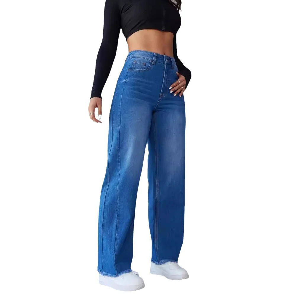 Damen Hochtaillierte Mom-Jeans mit lässigem Schnitt und fransigem Saum R&B - Image 5