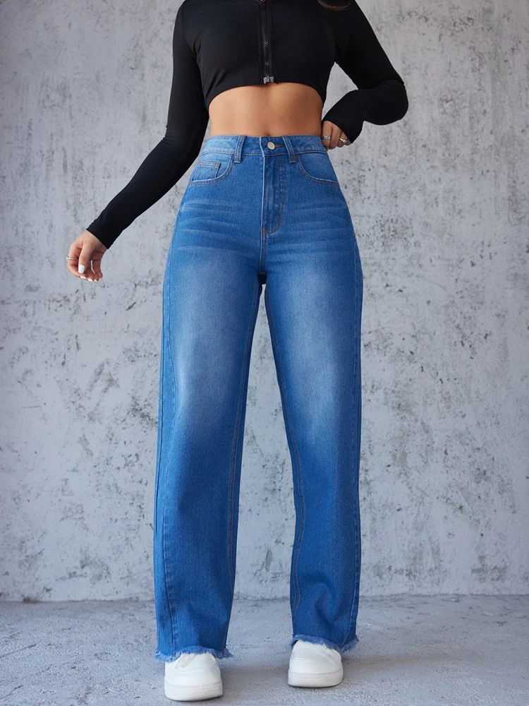 Damen Hochtaillierte Mom-Jeans mit lässigem Schnitt und fransigem Saum R&B - Image 6