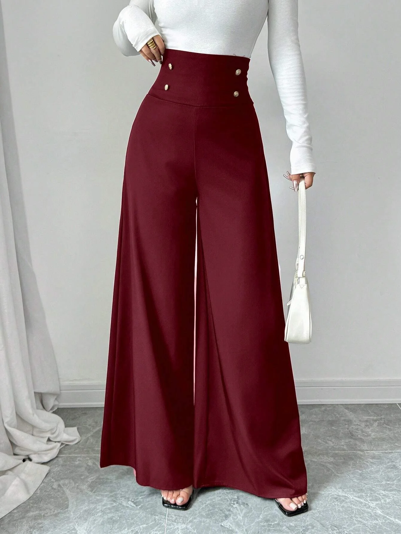 Damen Hochtaillierte Palazzo-Hose mit dekorativen Knöpfen R&B - Image 7