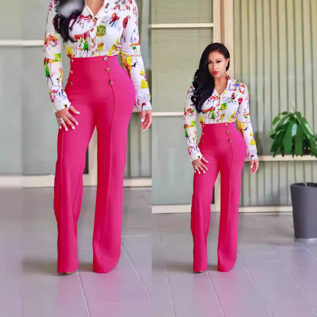 Damen Hochtaillierte Palazzo-Hose mit goldenen Knöpfen R&B - Image 2