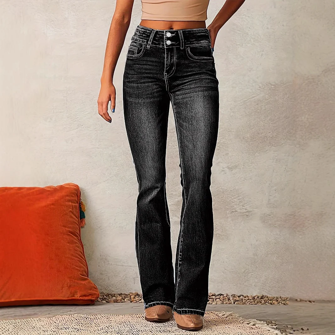 Damen Hohe Taille Flared Jeans mit dekorativen Knopfdetails und figurschmeichelndem Schnitt R&B - Image 4