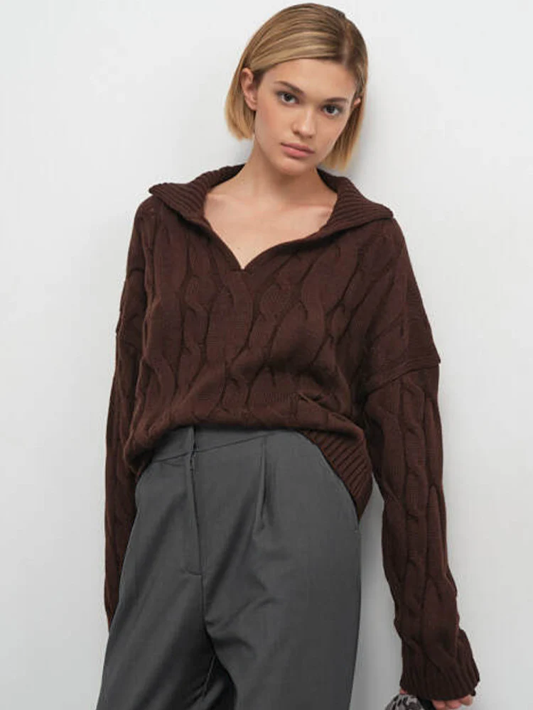 Damen Hoher Kragen Strickpullover mit Zopfmuster R&B - Image 3