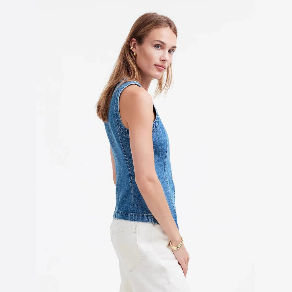 Damen Jeans-Weste mit asymmetrischem Schnitt und dekorativen Knöpfen R&B - Image 3
