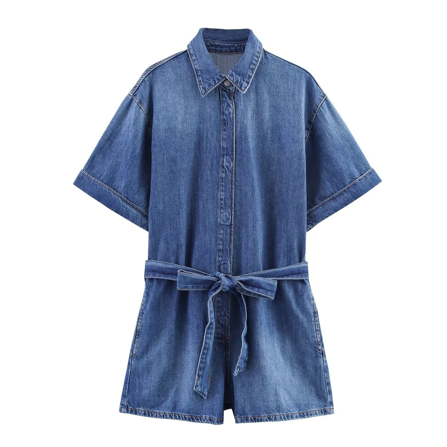 Damen Jeanshemdkleid mit elegantem Gürtel und kurzen Ärmeln R&B - Image 6