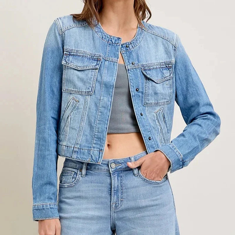 Damen Jeansjacke im lässigen Cropped-Schnitt mit praktischen Taschen und Knopfdetails R&B - Image 6