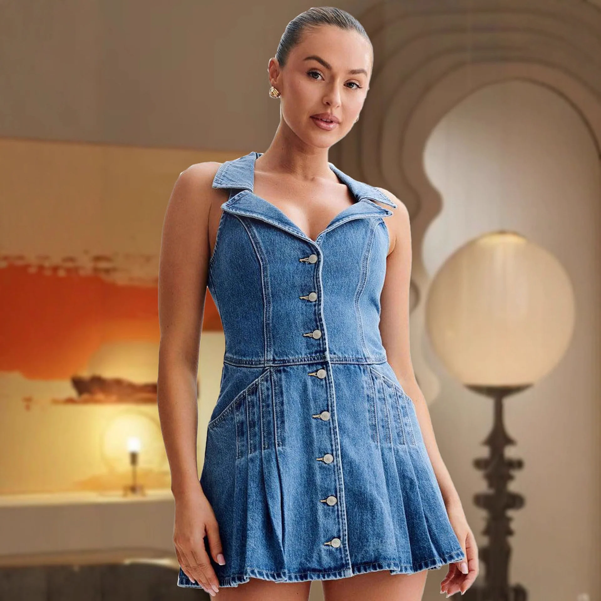 Damen Jeanskleid im taillierten Schnitt mit klassischem Kragen und Knopfleiste R&B - Image 2