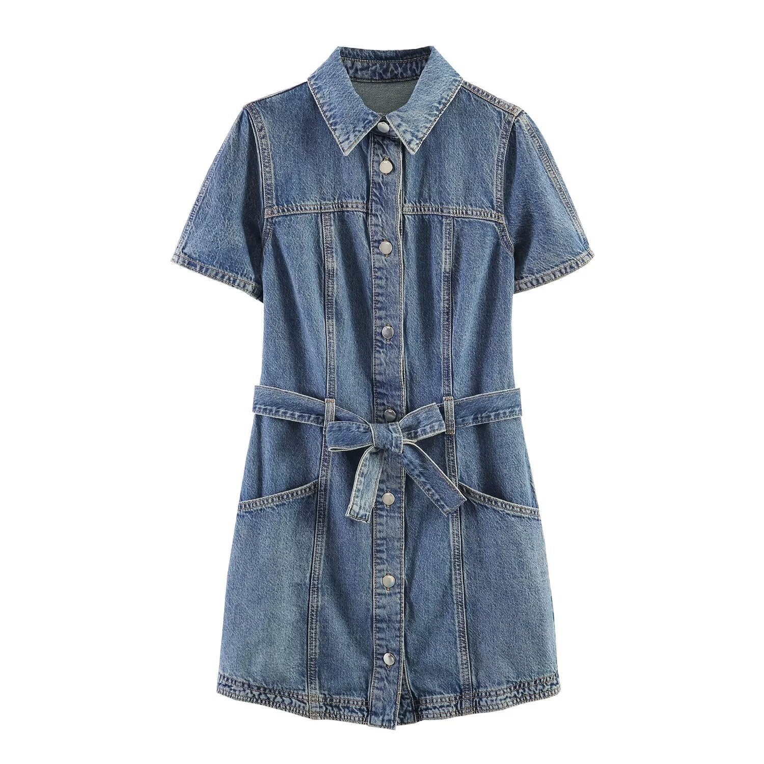 Damen Jeanskleid mit Taillengürtel und Kurzarm R&B