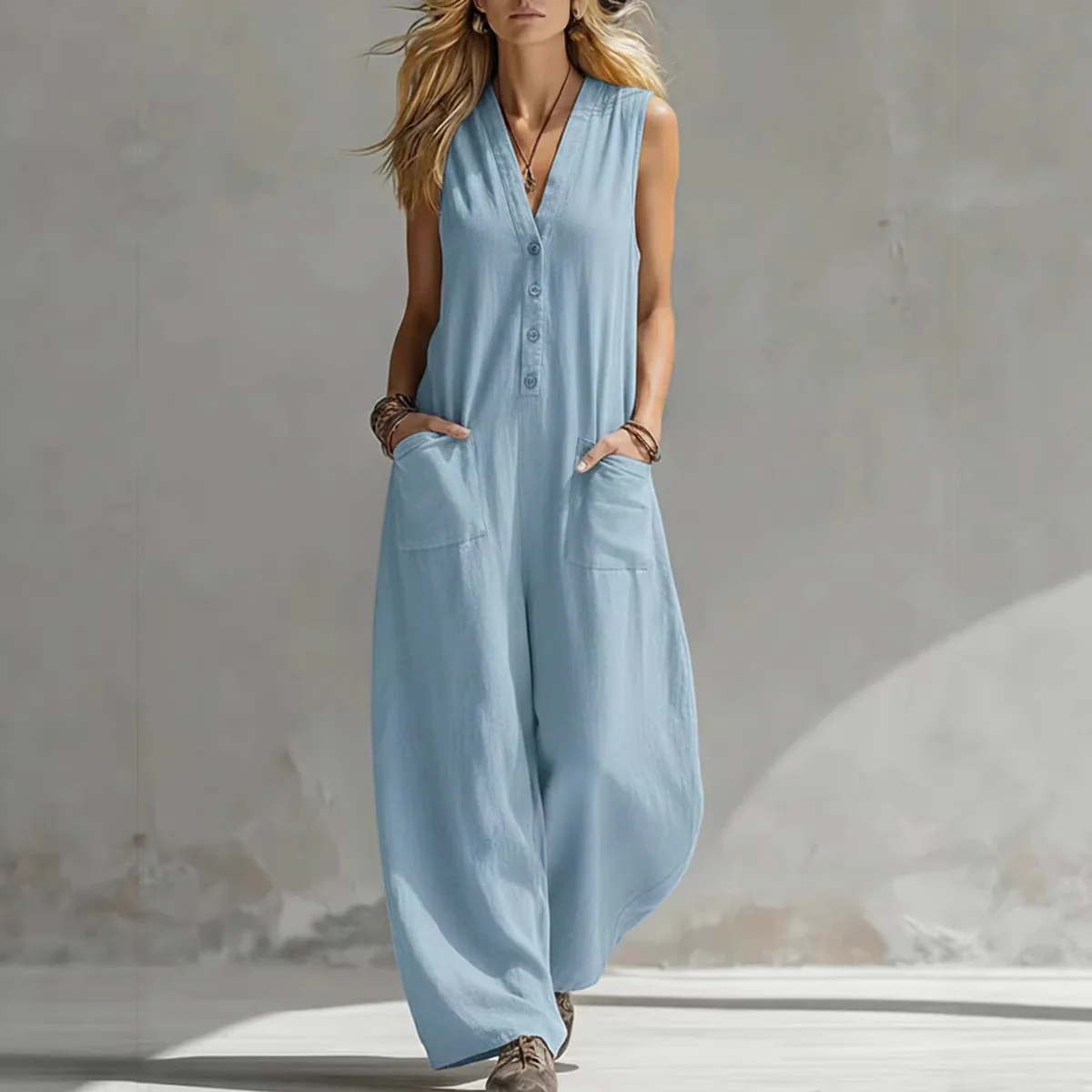 Damen Jumpsuit mit tiefem V-Ausschnitt und praktischen Taschen R&B
