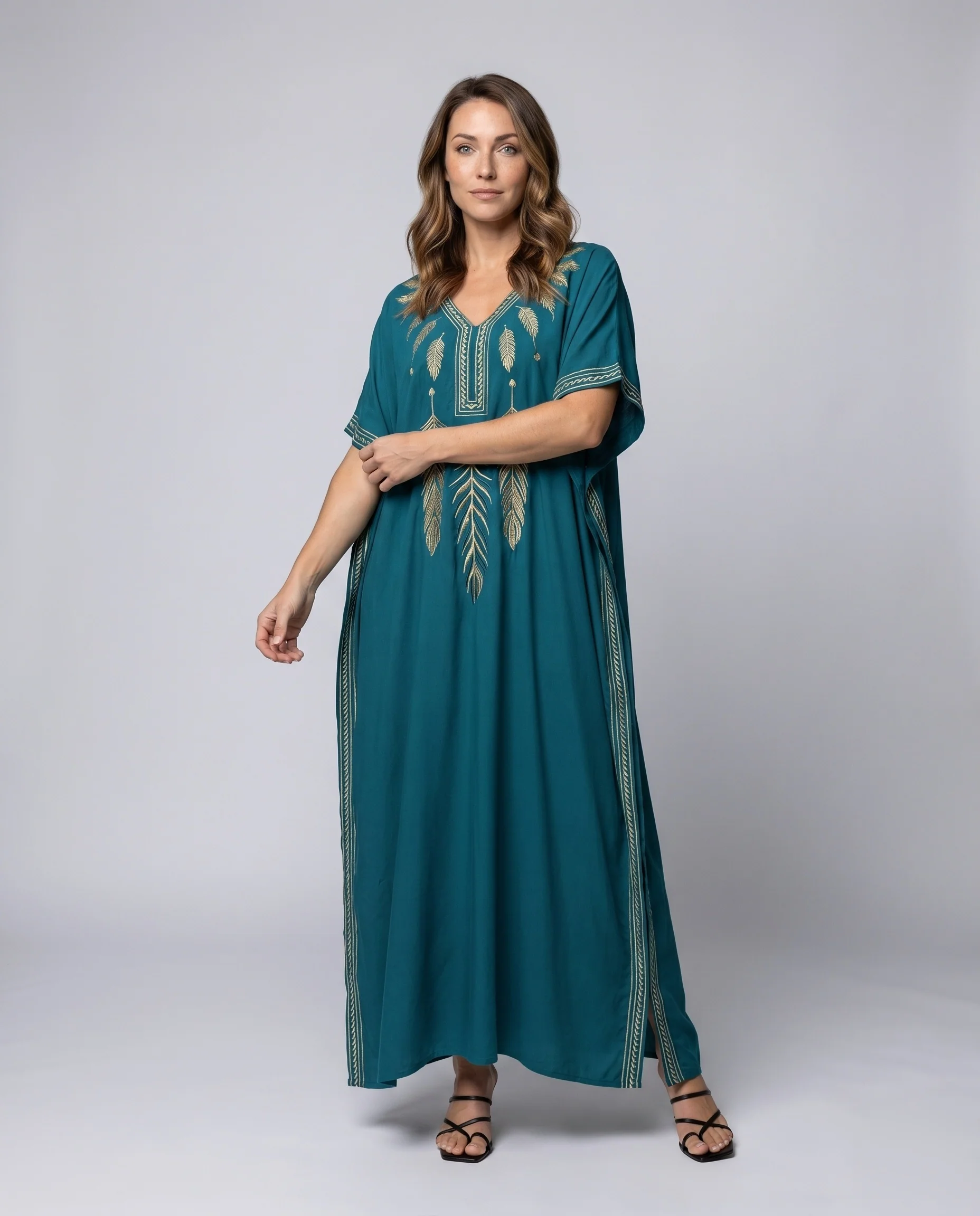 Damen Kaftan mit elegantem V-Ausschnitt und aufwendigen Stickereien R&B