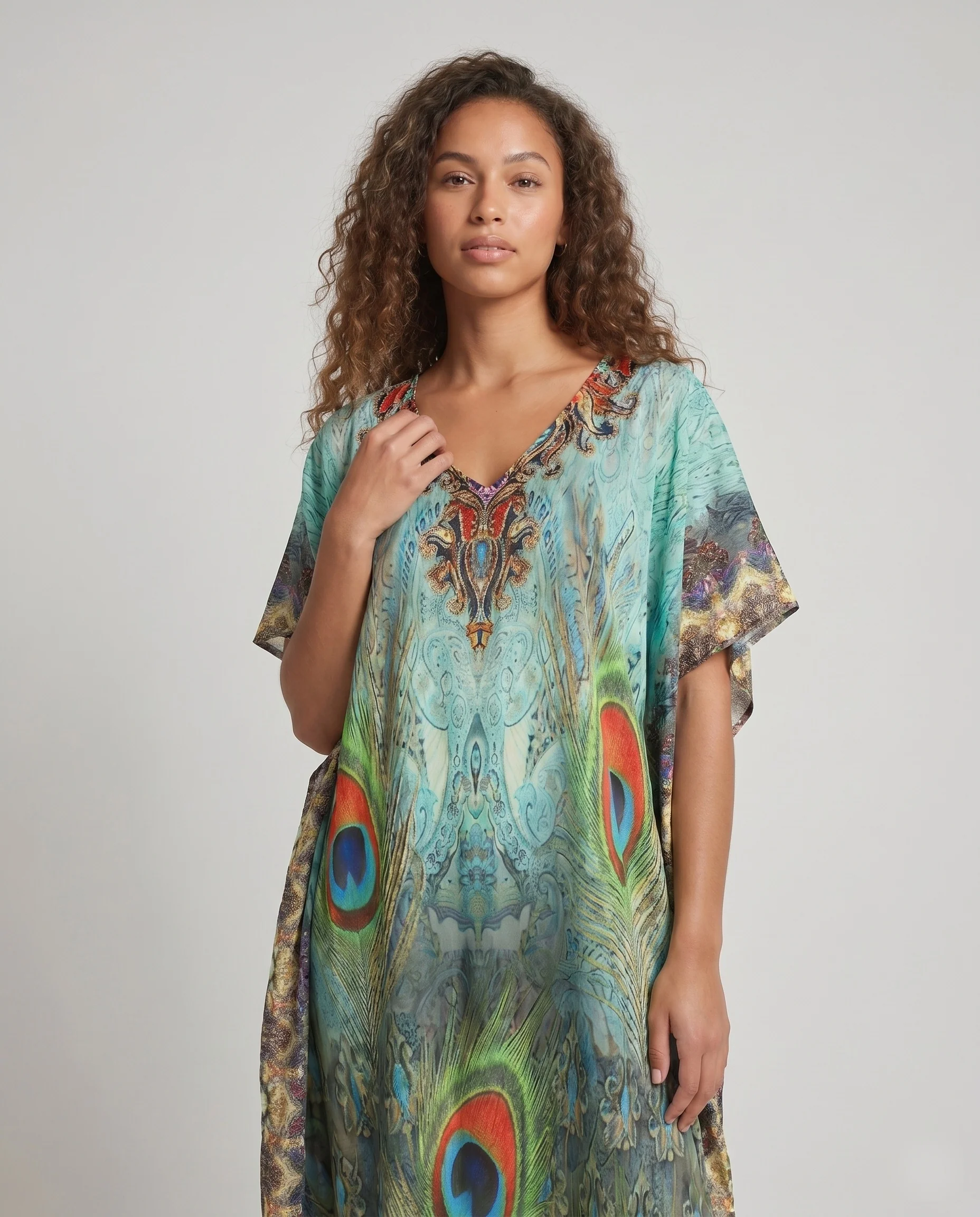 Damen Kaftan mit kunstvollem Pfauenmotiv und schwingendem Schnitt R&B - Image 2