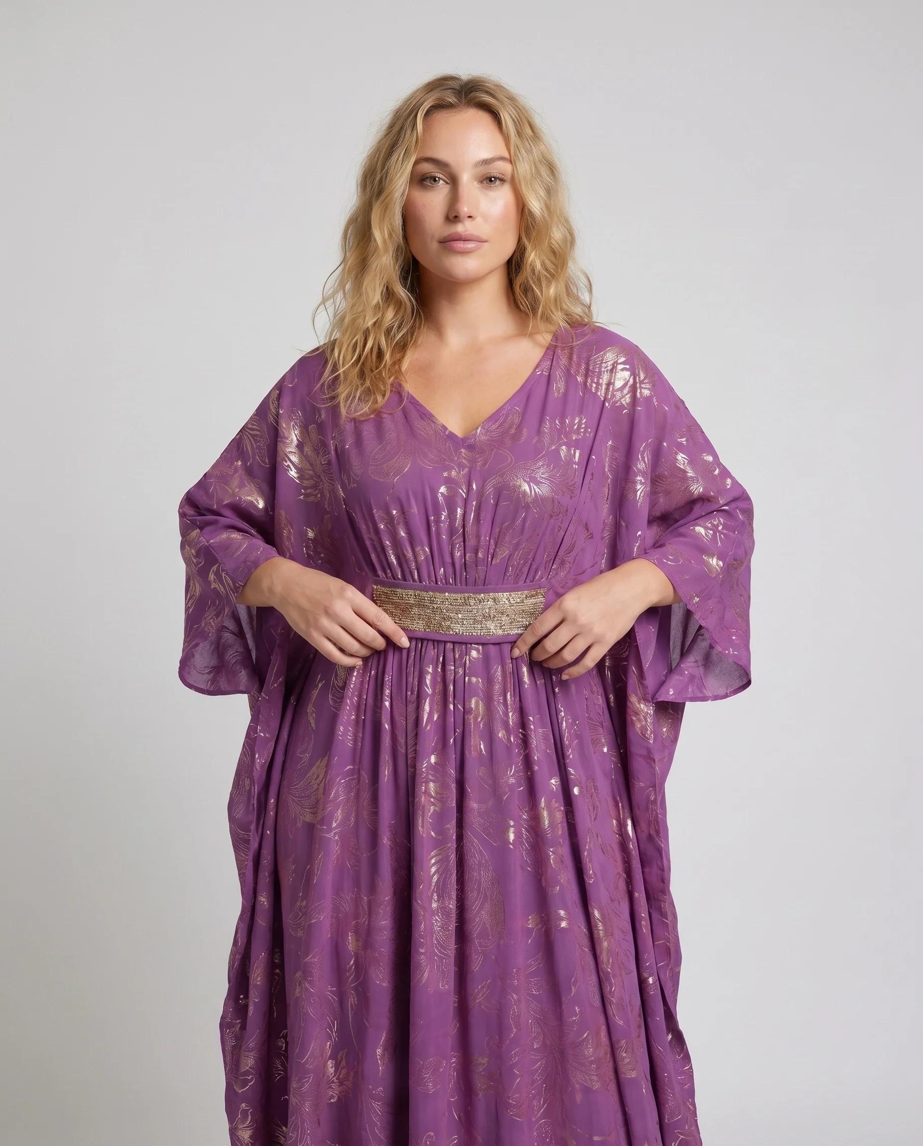 Damen Kaftan mit luxuriösem floralem Design und schimmerndem Gürtel R&B - Image 2