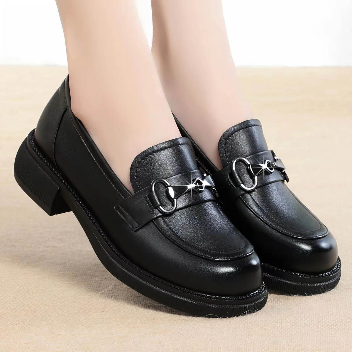 Damen Klassische Loafers mit modischem Kettendetail und dickem Blockabsatz R&B