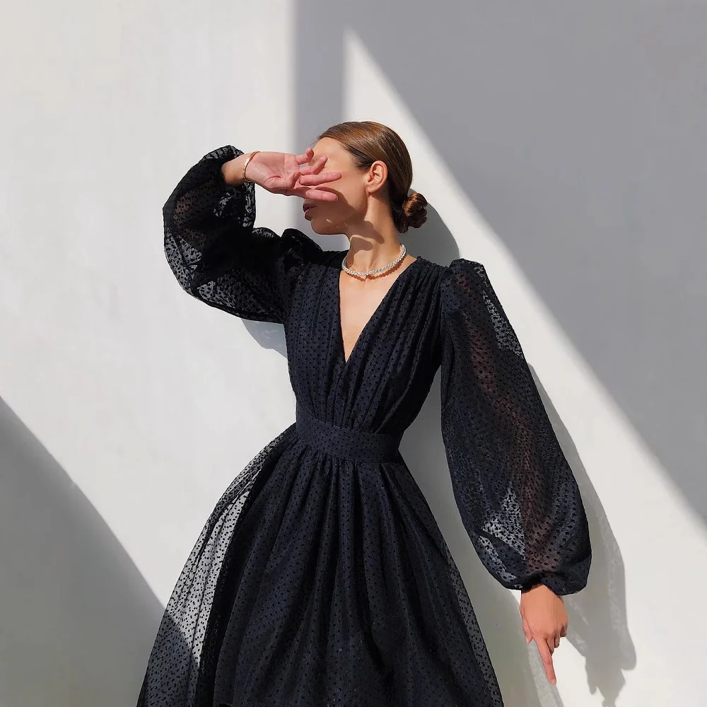 Damen Kleid mit transparentem Puffärmel und floralem Punkte-Design R&B - Image 3