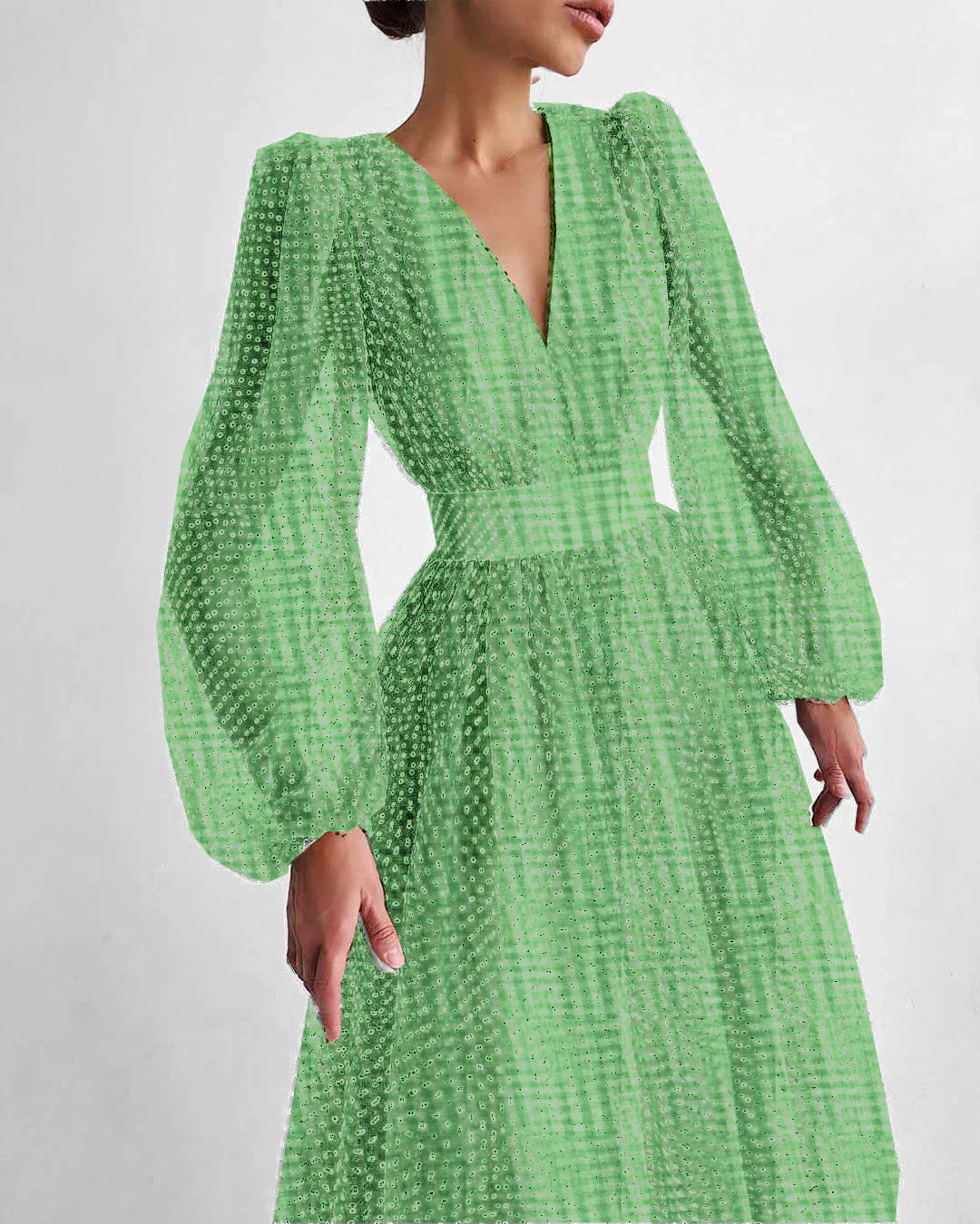 Damen Kleid mit transparentem Puffärmel und floralem Punkte-Design R&B - Image 6