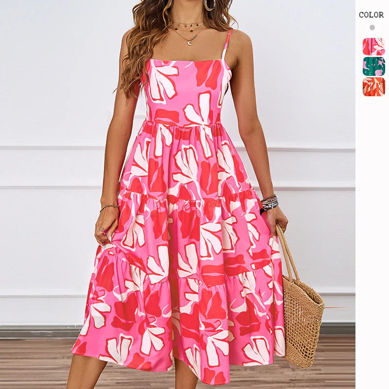 Damen Knielanges Freizeitkleid im modernen Layering-Design mit buntem Muster R&B
