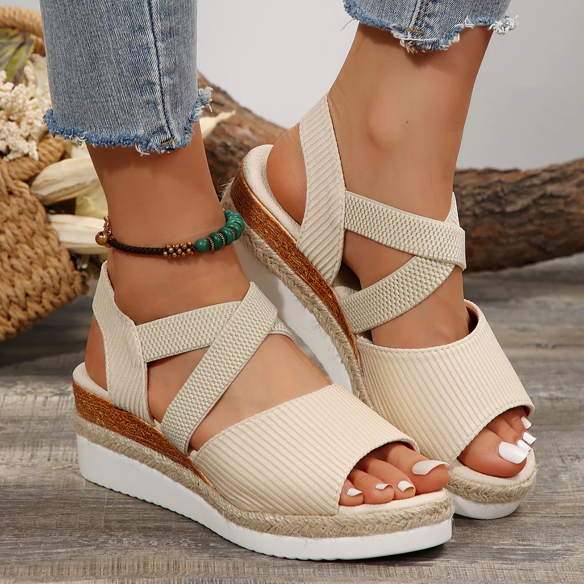 Damen Komfortable Wedge-Sandalen mit elastischen Riemen und Jutesohle R&B - Image 4