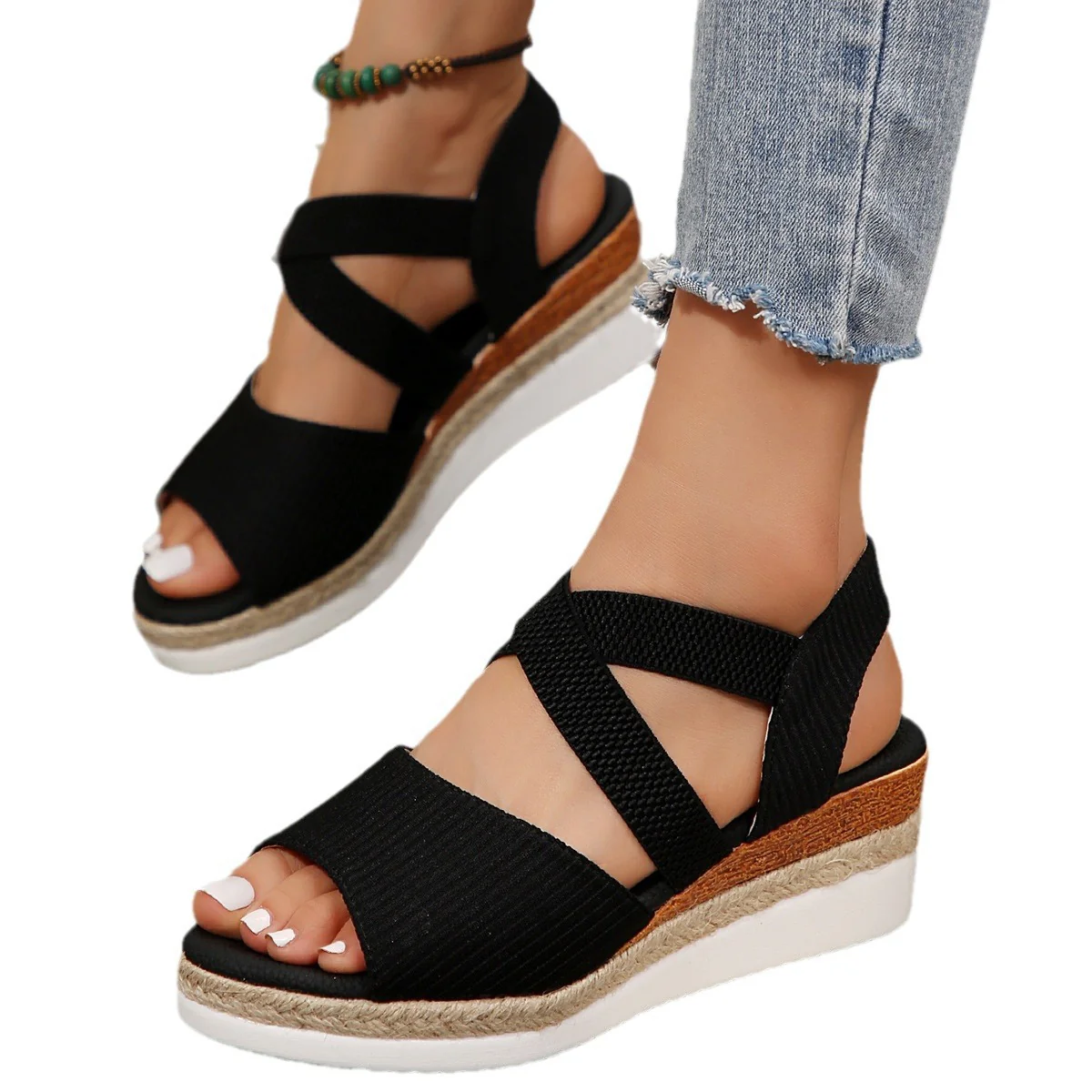 Damen Komfortable Wedge-Sandalen mit elastischen Riemen und Jutesohle R&B - Image 5