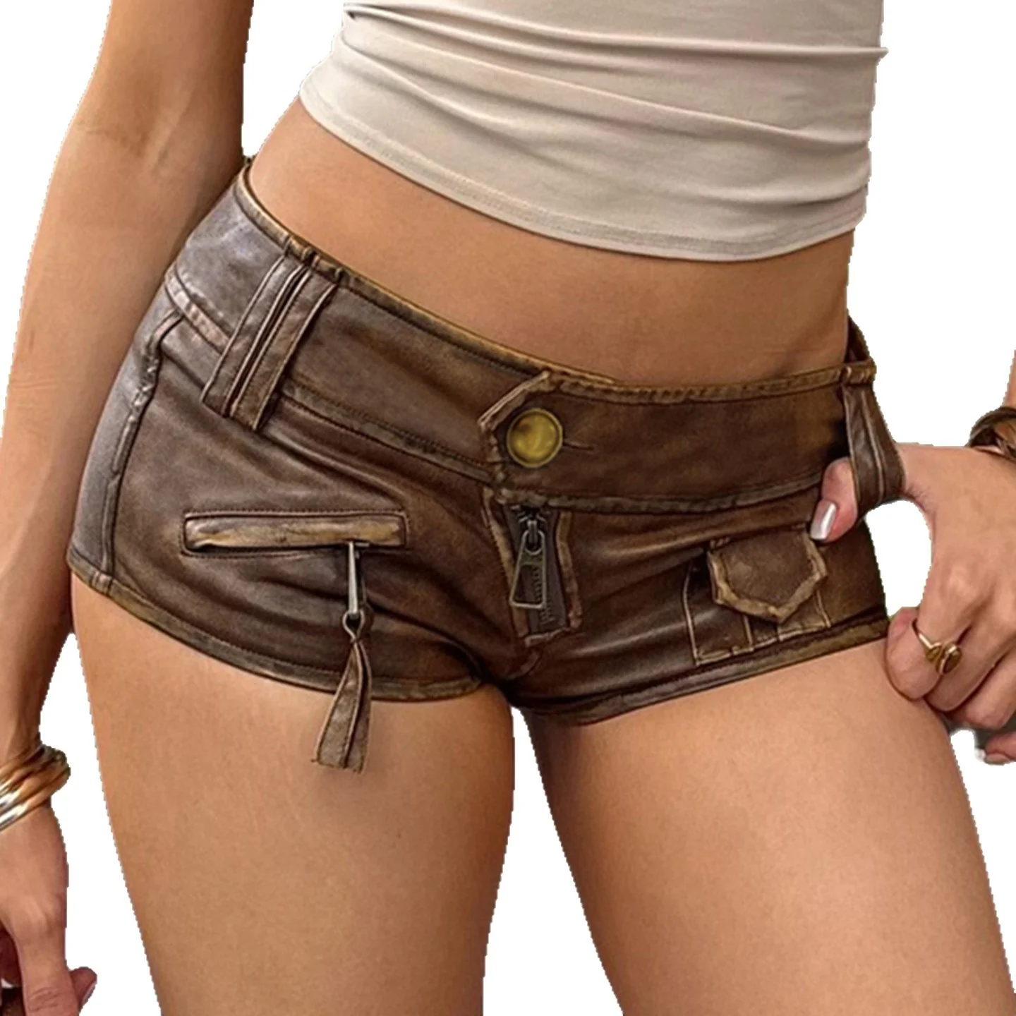 Damen Kunstleder-Shorts mit dekorativen Reißverschlüssen und stylischen Taschen R&B - Image 5