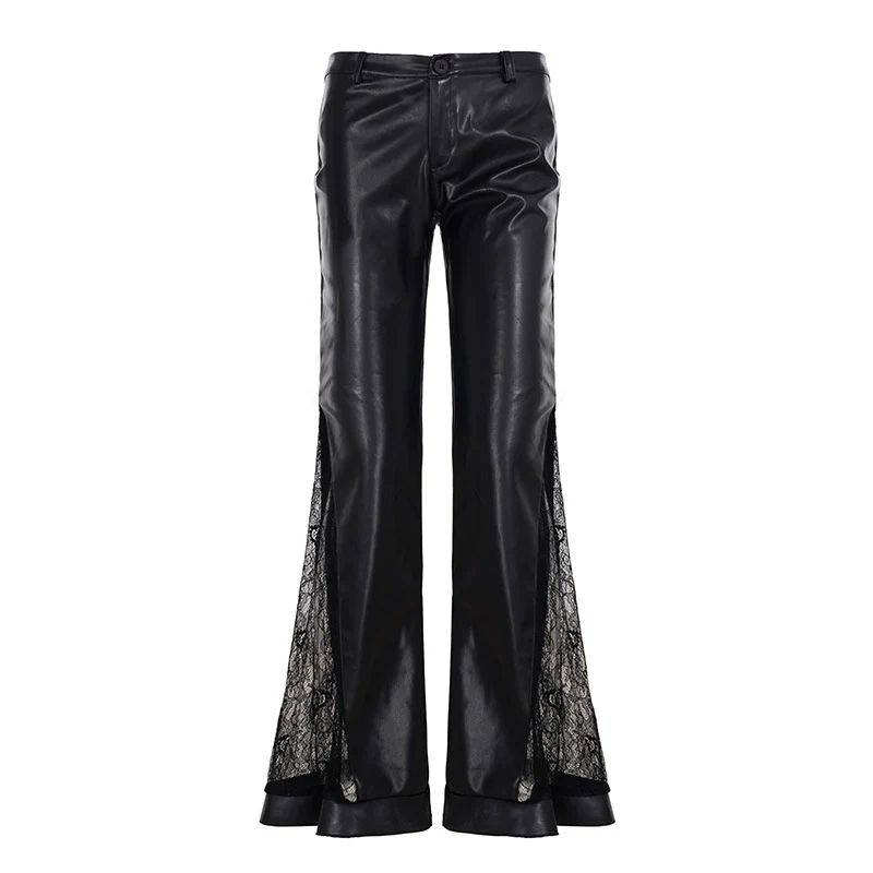 Damen Kunstlederhose mit transparenten Spitzen-Einsätzen und ausgestelltem Bein R&B - Image 8