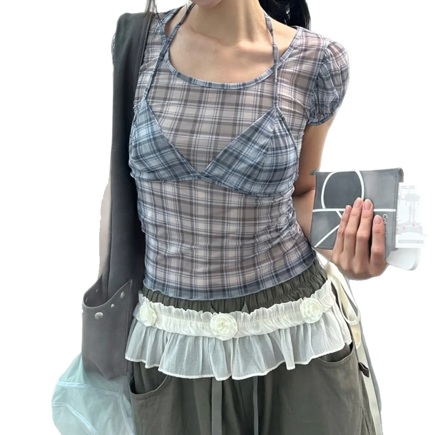 Damen Kurzarm-Bluse mit schickem Karomuster und verspielt gebundenen Trägern R&B - Image 5
