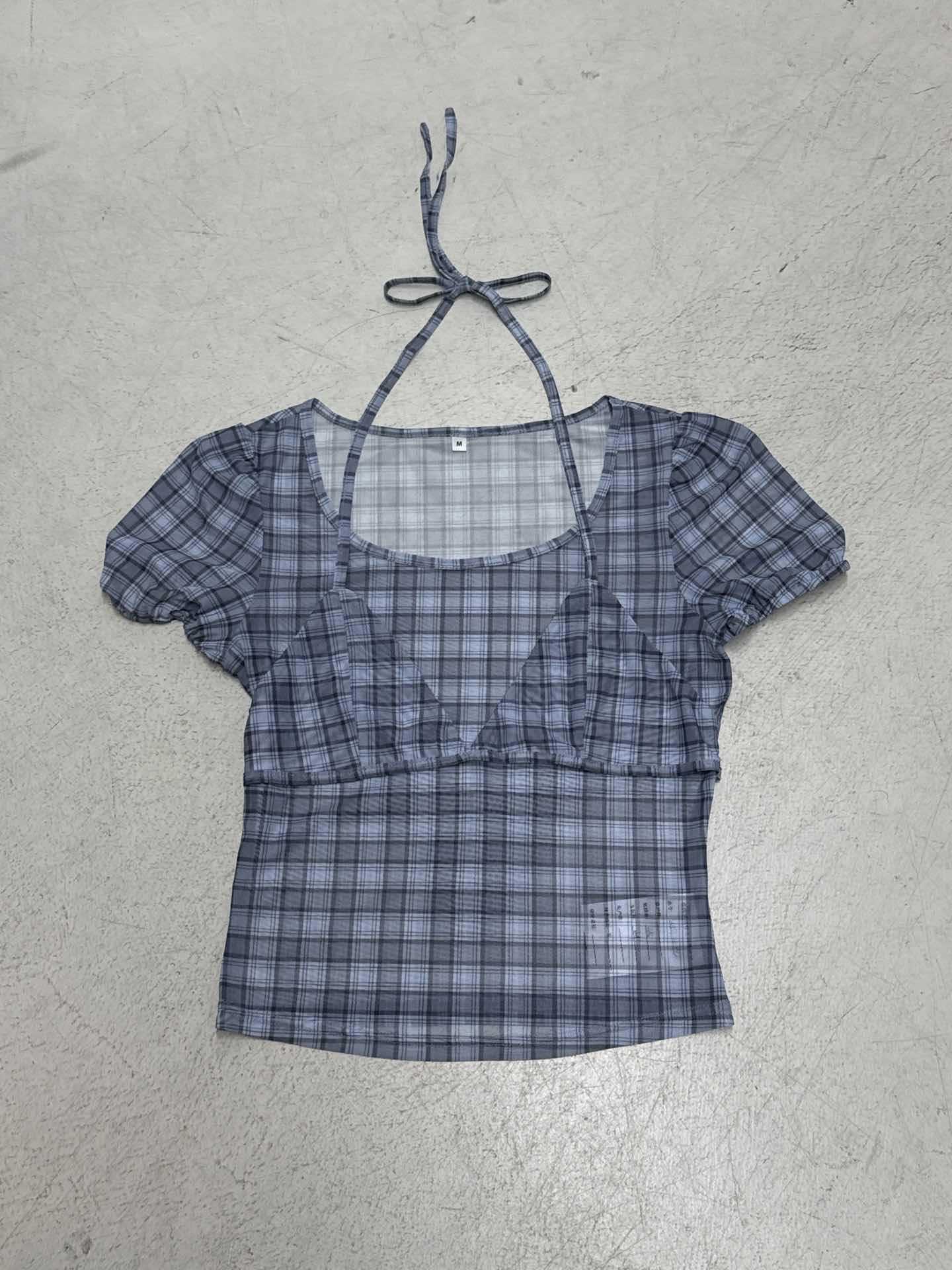 Damen Kurzarm-Bluse mit schickem Karomuster und verspielt gebundenen Trägern R&B - Image 7