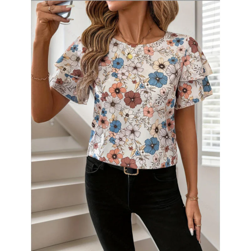 Damen Kurzarm-Bluse mit Volant und floralem Muster R&B - Image 3