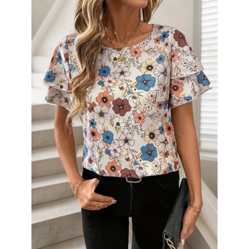 Damen Kurzarm-Bluse mit Volant und floralem Muster R&B - Image 6