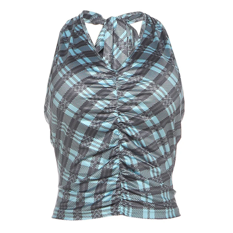Damen Kurzarm Blusen-Top mit gerafftem Design und modischem Karomuster R&B - Image 6