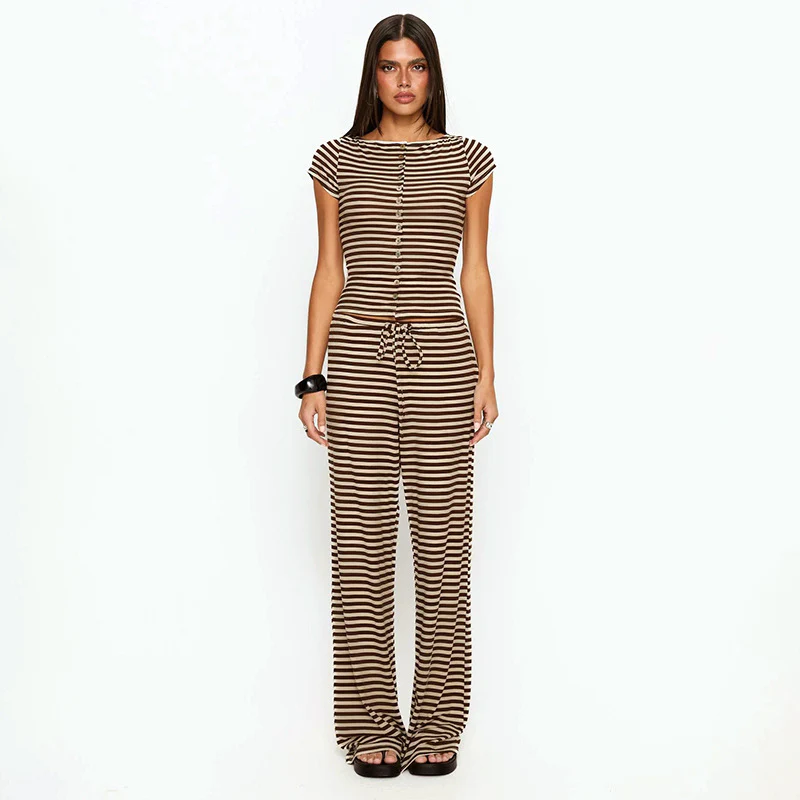 Damen Kurzarm Oberteil im Streifenlook mit Knopfdetails R&B - Image 3