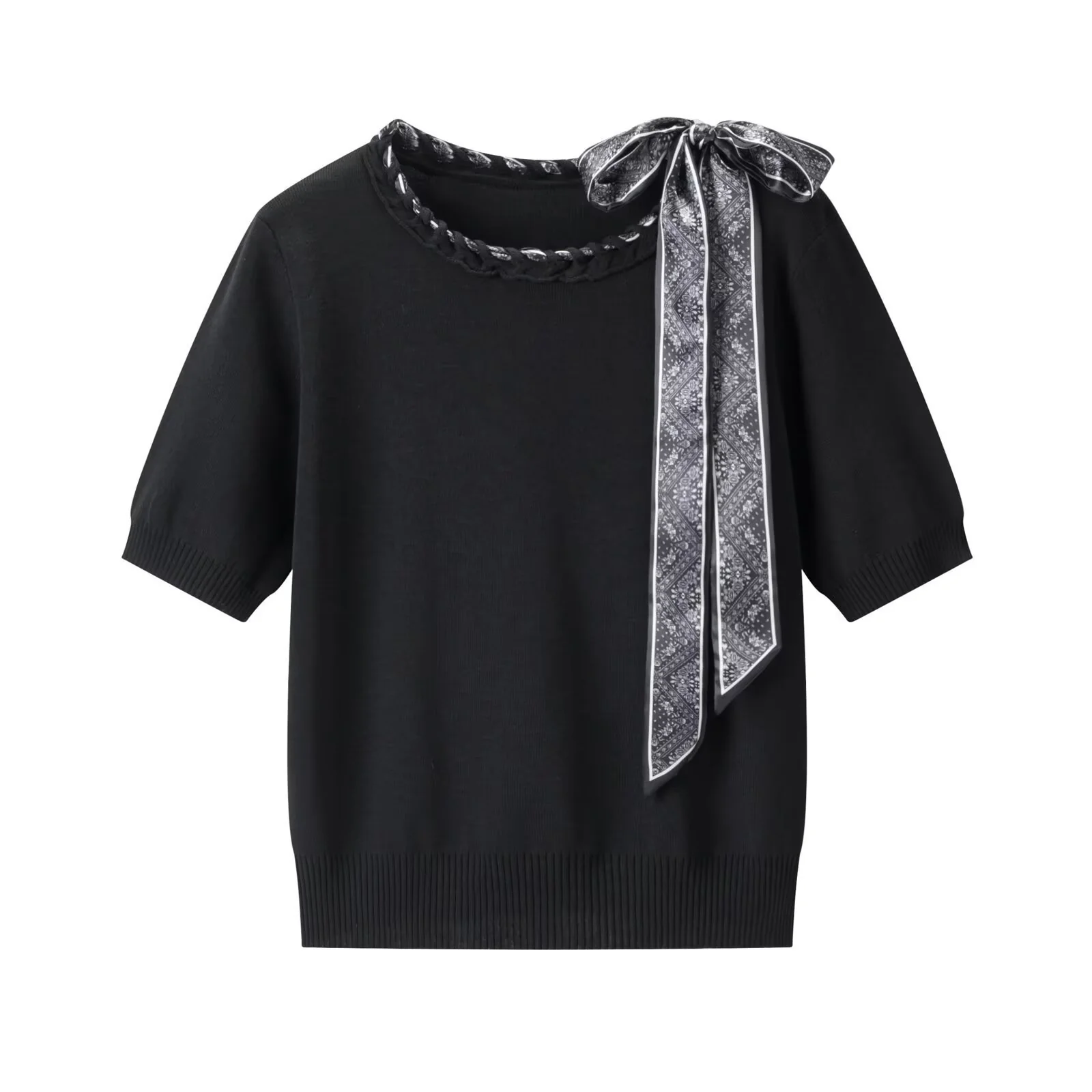 Damen Kurzarmpullover mit dekorativem Halsband und stylischem Schleifendetail R&B - Image 6