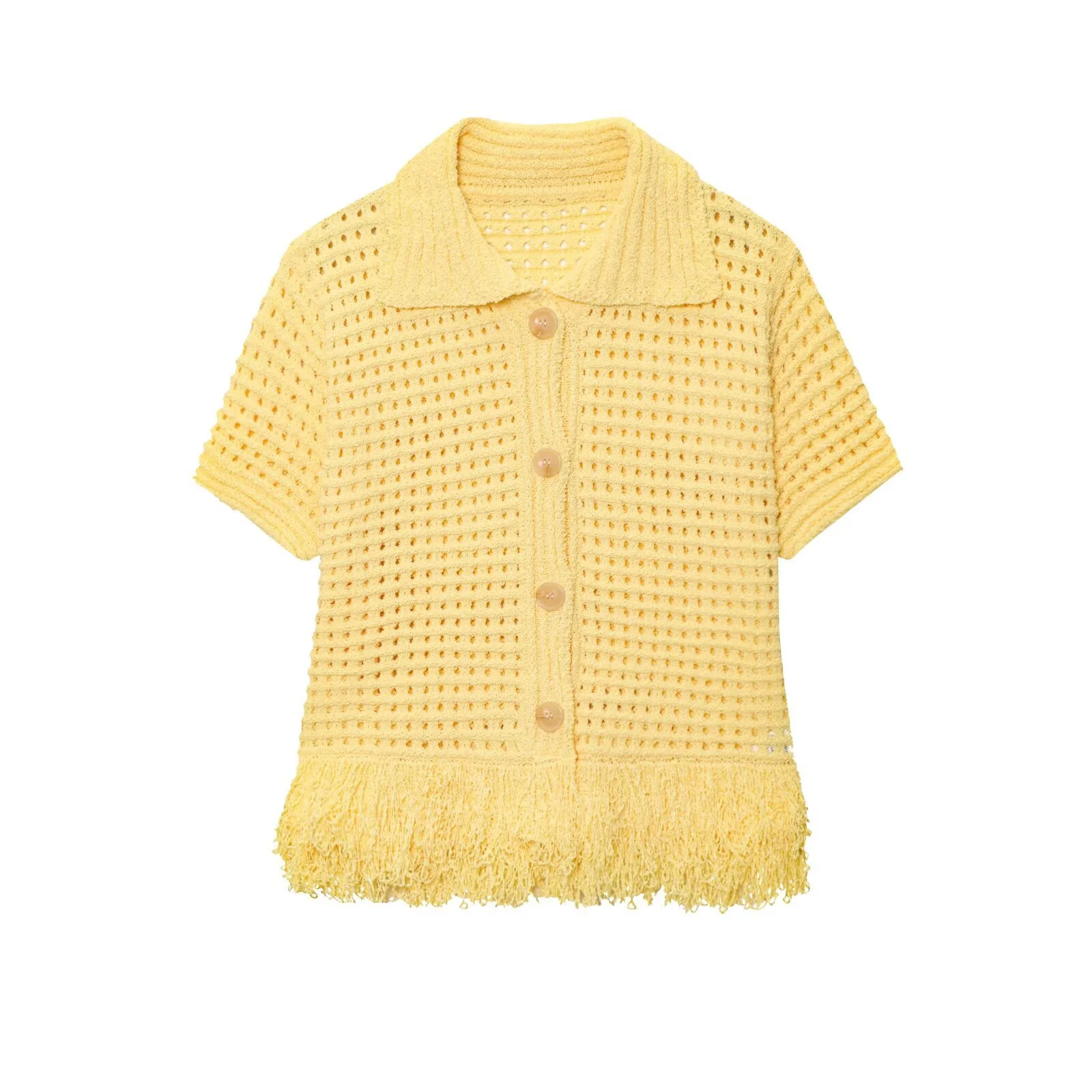 Damen Kurzarm-Strickjacke mit fransigem Saum und dekorativen Knöpfen R&B - Image 14