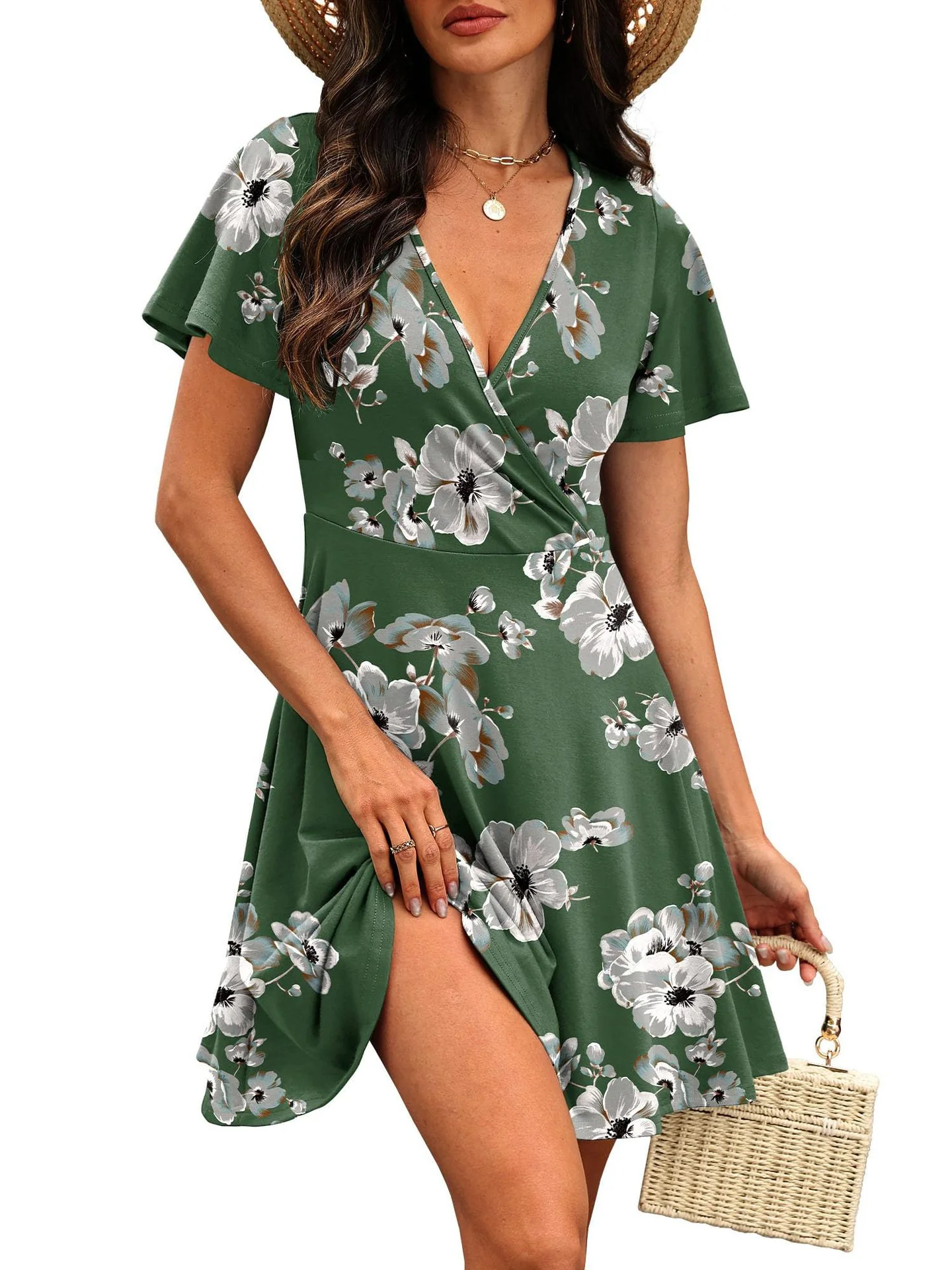 Damen Kurzärmeliges Wickelkleid mit floralen Mustern und V-Ausschnitt R&B - Image 17