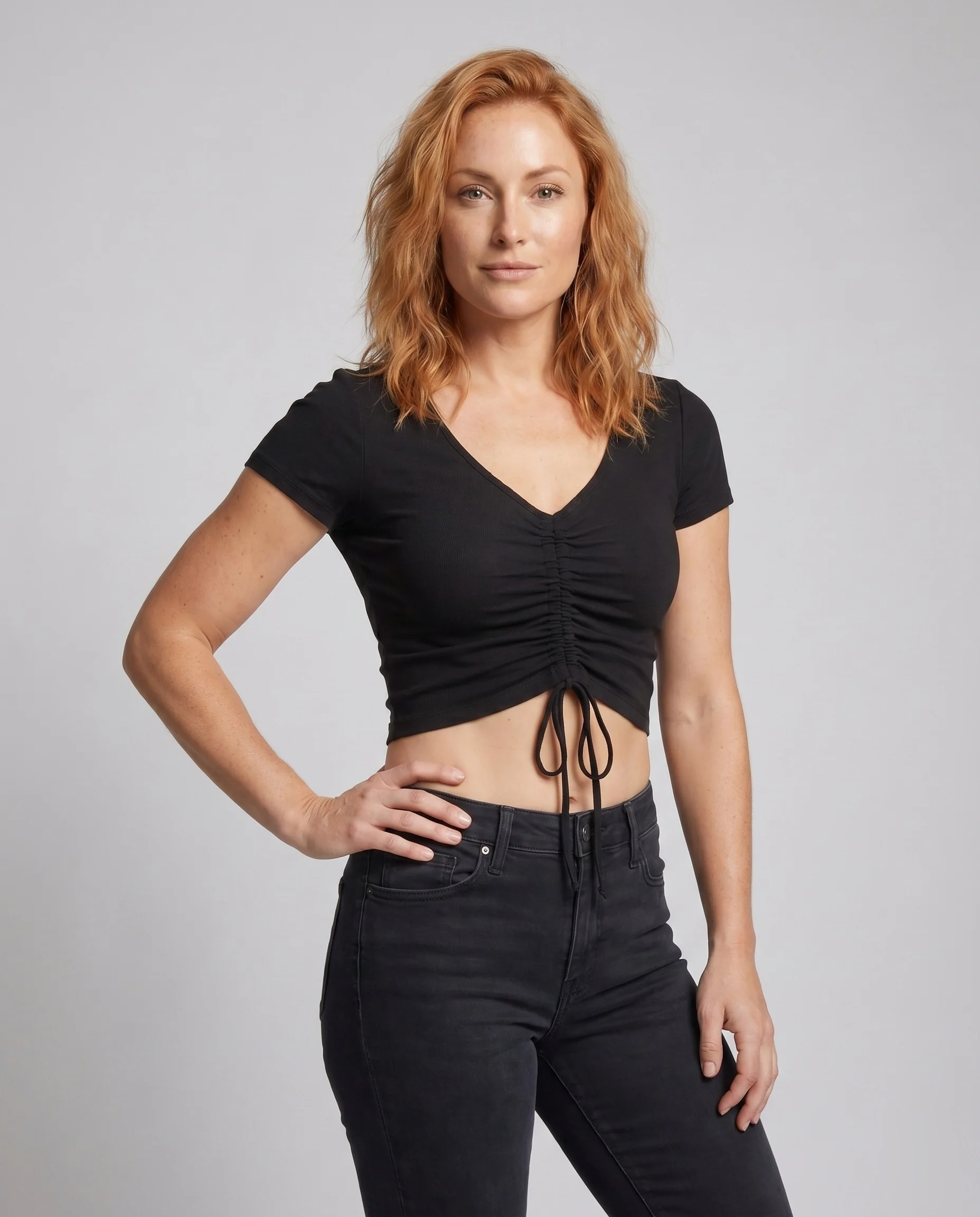Damen Kurzärmliges Crop-Top mit Raffungen und Bindebändern - Image 2