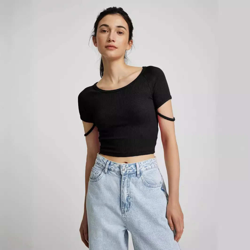 Damen kurzärmliges enganliegendes Crop-Top mit Rundhalsausschnitt R&B - Image 4