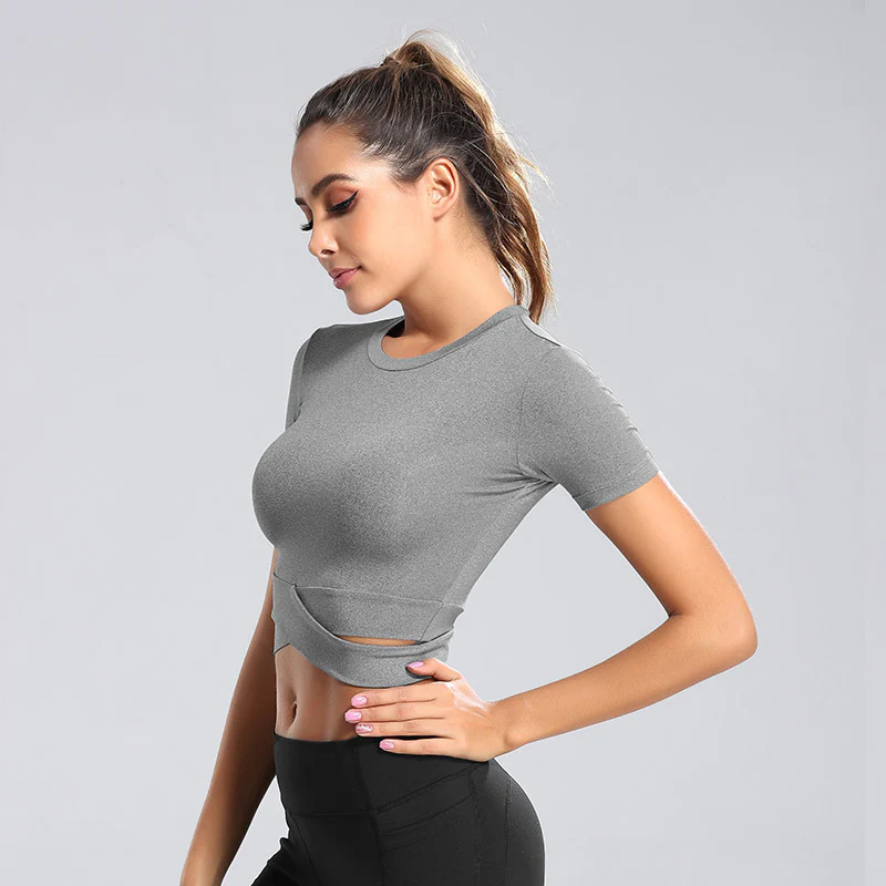 Damen kurzärmliges Trainings-Crop-Top mit innovativer Wickeloptik R&B - Image 3