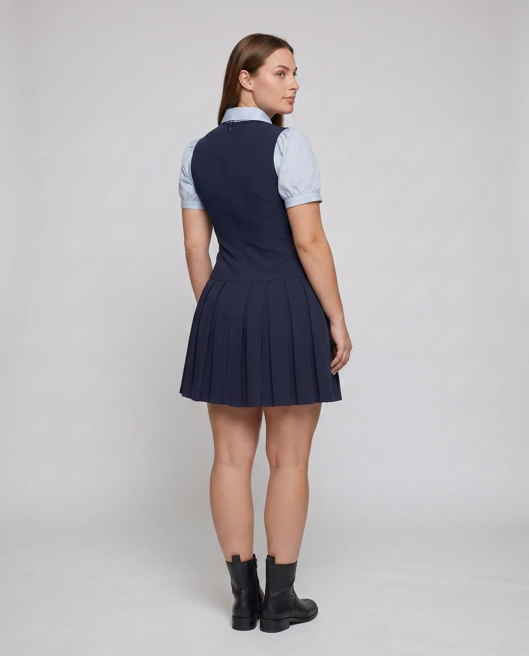 Damen Kurzes Plisseekleid mit modischem Hemdkragen und seitlicher Schleife R&B - Image 4