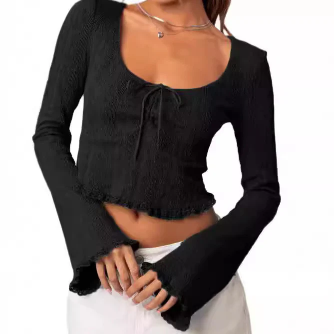 Damen Cropped Top mit Schnüroptik und Spitzenverzierungen R&B - Image 2