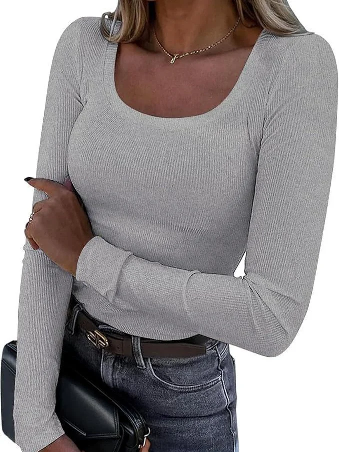 Damen Langarm Basic Oberteil mit tiefem Rundhalsausschnitt und Rippenstruktur R&B - Image 14