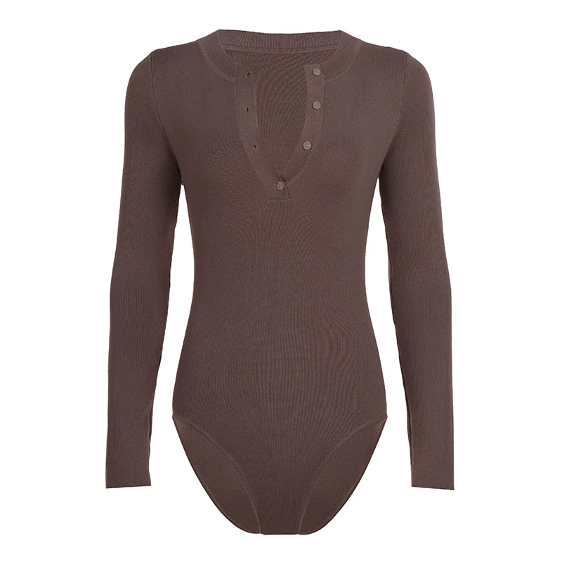 Damen Langarm Bodysuit mit Knopfdetail und strukturiertem Material R&B - Image 7