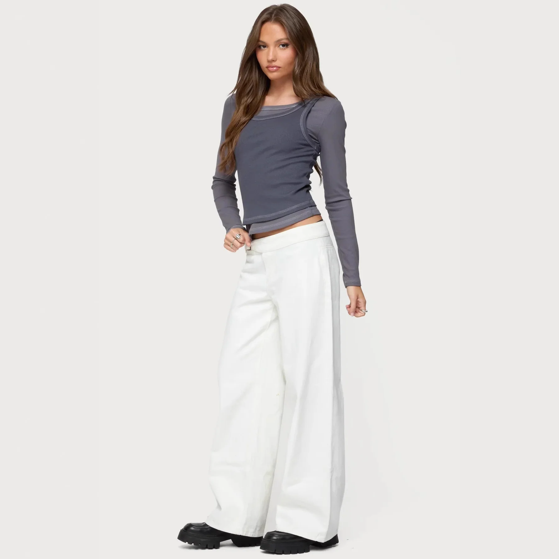 Damen Langarm-Crop-Top mit modischem Farbkontrast und nahtloser Verarbeitung R&B - Image 4