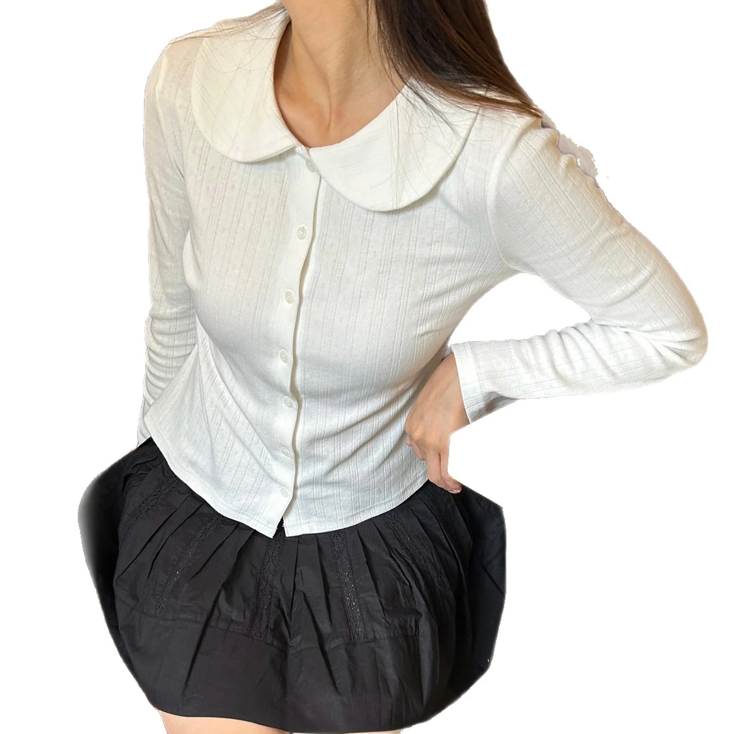 Damen Langarm-Crop-Top mit stilvollem Kragen und Knopfleiste R&B - Image 5