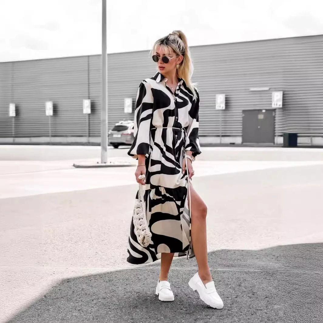 Damen Langarm Hemdblusenkleid mit modischem Muster und Taillengürtel R&B - Image 2